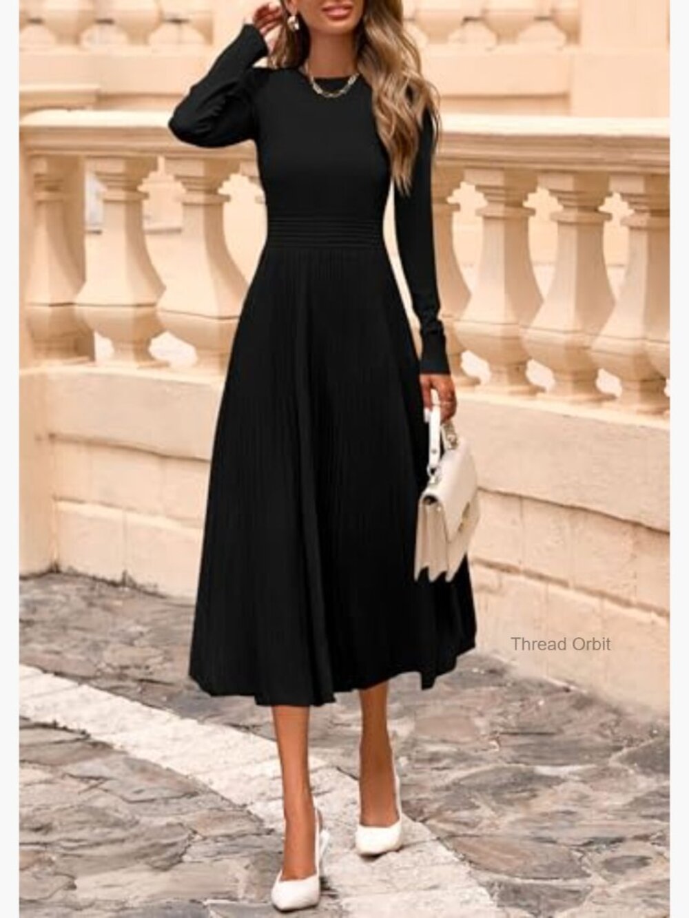 Long Sleeve Knit A Line Midi Sweater Dress for Women Fall Winter - Picture 6 of 7
